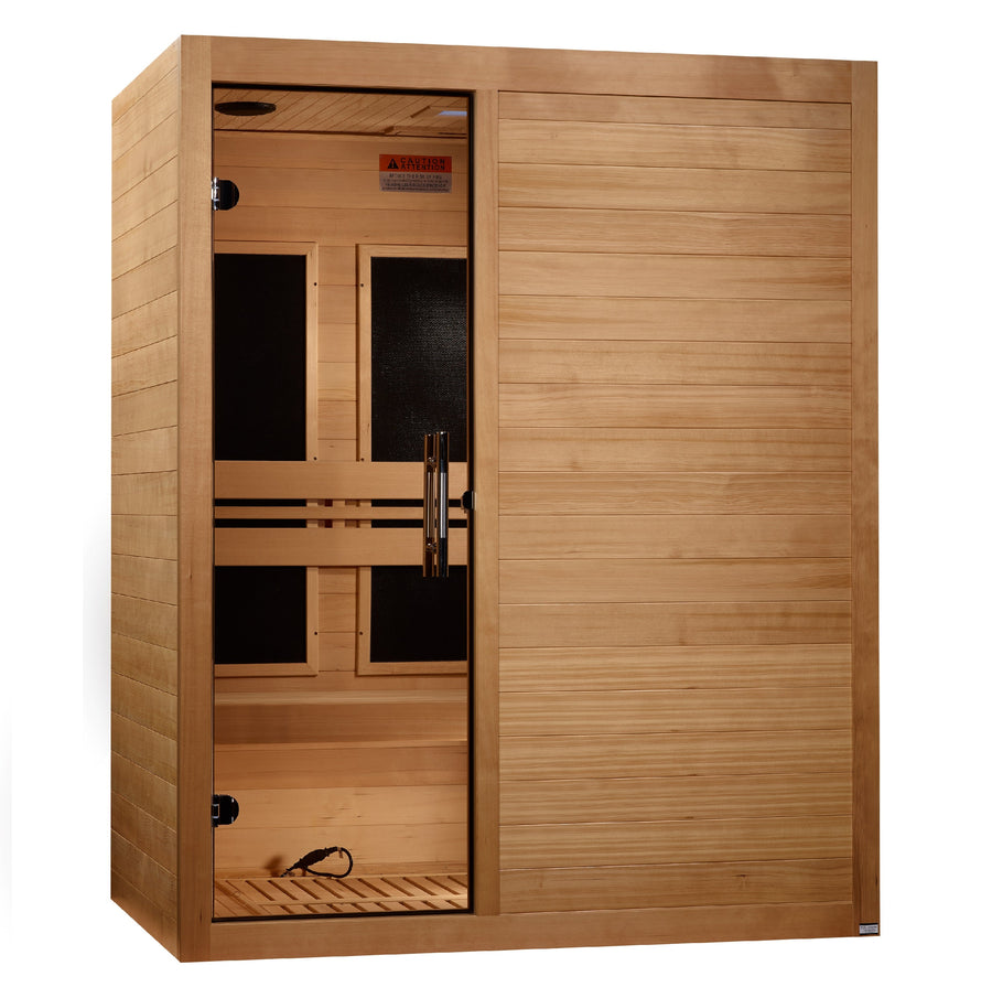 The Maxxus S-Line 3 Person Ultra Low EMF FAR IR Sauna + Red Light Therapy by Golden Designs features a glass door with two metal handles, interior benches, heating panels, and Canadian Hemlock wood paneling.
