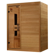 The Maxxus S-Line 3 Person Ultra Low EMF FAR IR Sauna + Red Light Therapy by Golden Designs features smooth Canadian Hemlock wood, a glass door, light panels, a wooden bench, and delivers ultra low EMF for relaxing indoor sessions.