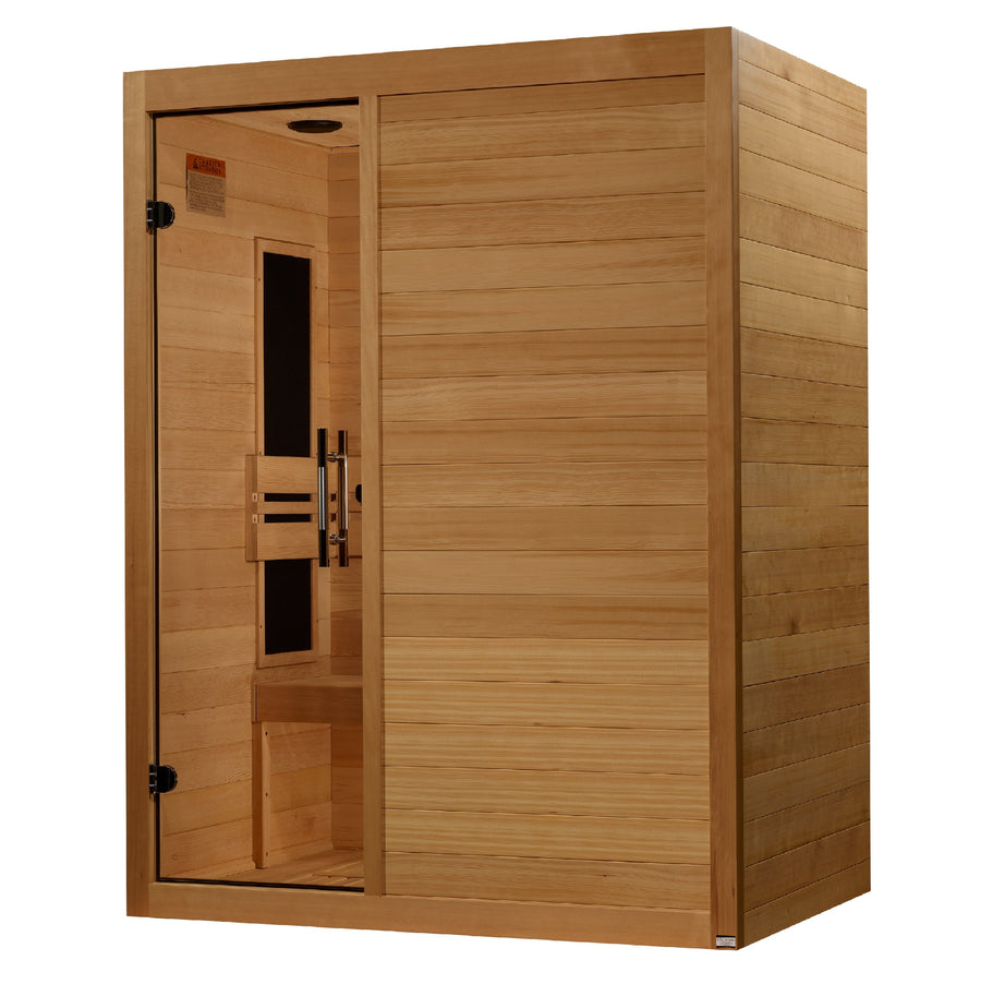 The Maxxus S-Line 3 Person Ultra Low EMF FAR IR Sauna + Red Light Therapy by Golden Designs features smooth Canadian Hemlock wood, a glass door, light panels, a wooden bench, and delivers ultra low EMF for relaxing indoor sessions.