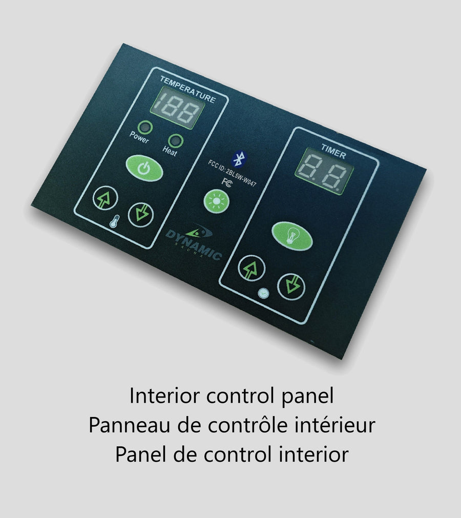 A black interior control panel with digital temperature and timer displays, labeled buttons, and the Golden Designs logo is featured above text in English, French, and Spanish describing it as for the Dynamic Serena 2 Person Ultra Low EMF FAR IR Sauna.