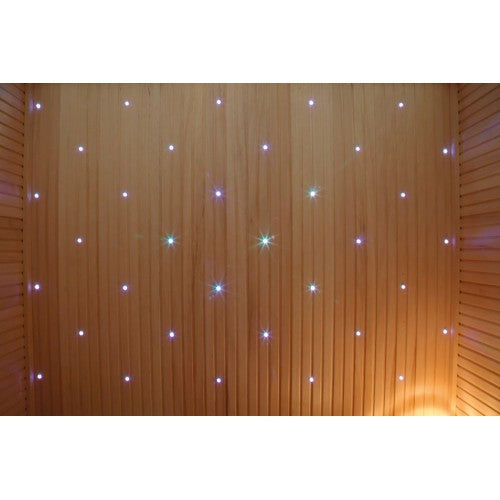 Enhance your SunRay Westlake 3 Person Indoor Traditional Sauna 300LX with a wooden wall panel featuring small, evenly spaced white LED lights. These create a starry night effect and vary in brightness for a soothing ambiance.