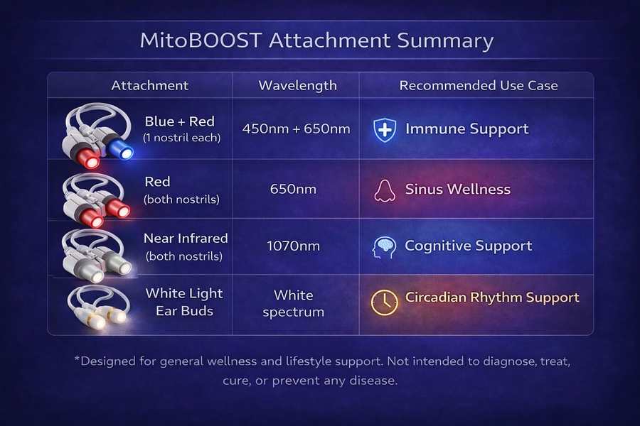 A MitoBOOST™ Attachment Summary chart by Mito Red Light showcases four portable intranasal wellness attachments, detailing their wavelengths and uses: immune support, sinus health, brain health, and circadian rhythm via photobiomodulation.