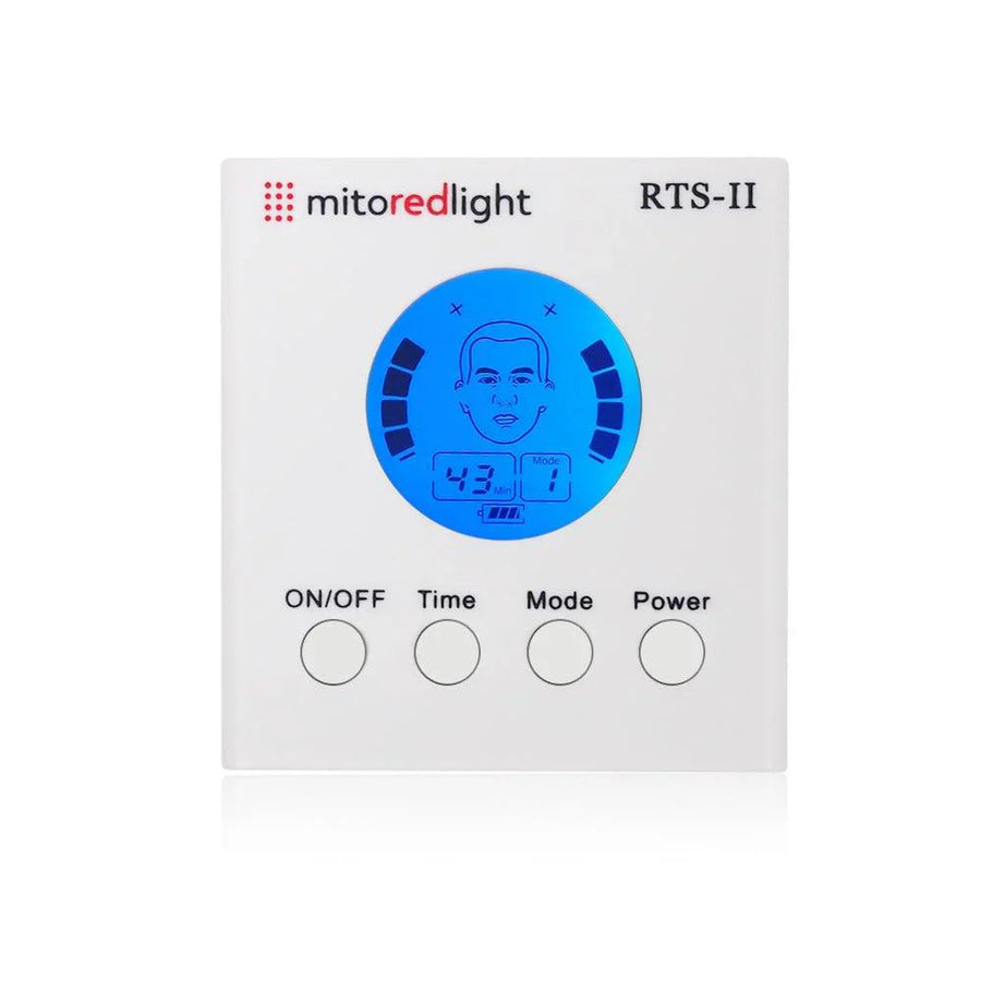 The MitoBOOST™ by Mito Red Light is a portable intranasal device for sinus, immune, and brain health. It features a white body, blue digital display with face, numbers, bars, and four control buttons: ON/OFF, Time, Mode, and Power.