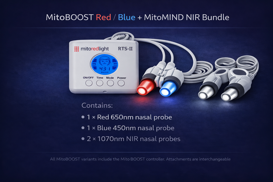 The MitoBOOST™ by Mito Red Light is an intranasal device system for sinus, immune, and brain health, featuring a digital display and four nasal probes—one red, one blue, and two gray—for targeted photobiomodulation therapy.