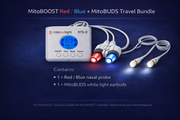 The Mito Red Light MitoBOOST™ Intranasal Device System, shown with red and blue nasal probes and white light earbuds, promotes sinus, immune, and brain health. Text notes these are included in the travel bundle. Blue background has white/red accents.