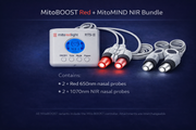 The MitoBOOST™ Intranasal Device System by Mito Red Light is shown with a white control unit and four nasal probes—two red, two white—highlighted alongside probe specifications for sinus, immune, and brain health support.