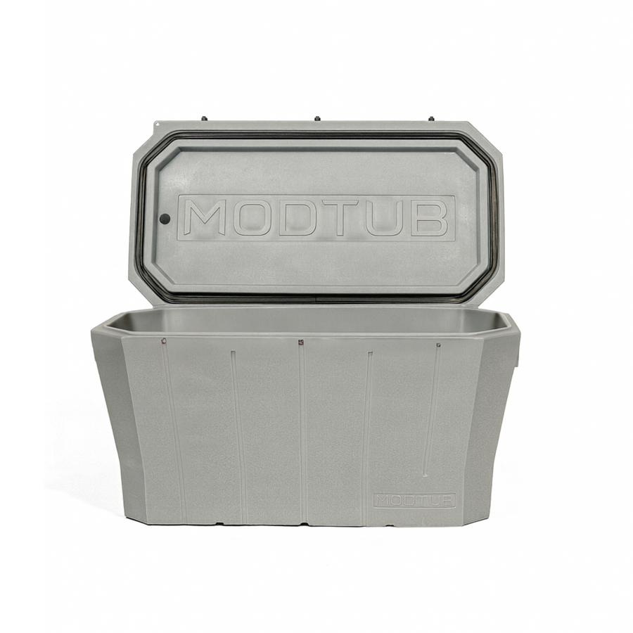 A gray, rectangular Modtub 2.0 Cold Plunge - Tub Only by Modtub is shown with its hinged lid open, revealing an empty interior. The modern ergonomic tub stands against a plain white background.