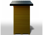 The Medical Saunas - Nature 6 Outdoor Infrared Sauna by Medical Saunas is a small yellow wooden shed with horizontal siding and a dark flat roof, shown side view against a white background.
