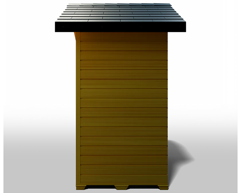 The Medical Saunas - Nature 6 Outdoor Infrared Sauna by Medical Saunas is a small yellow wooden shed with horizontal siding and a dark flat roof, shown side view against a white background.