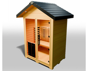 The Medical Saunas - Nature 6 Outdoor Infrared Sauna by Medical Saunas features a wooden build, black sloped roof, glass door, interior bench seating, and 3D surround heat therapy, shown on a plain white background.