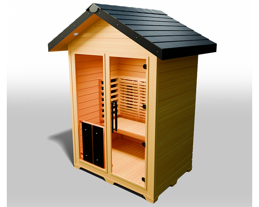The Medical Saunas - Nature 6 Outdoor Infrared Sauna by Medical Saunas features a wooden build, black sloped roof, glass door, interior bench seating, and 3D surround heat therapy, shown on a plain white background.