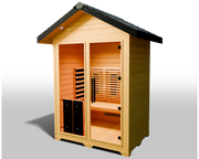 The Medical Saunas - Nature 6 Outdoor Infrared Sauna by Medical Saunas is a small, modern wooden sauna with a black roof, glass front door and window, wooden bench, and interior slats, offering full spectrum infrared benefits.