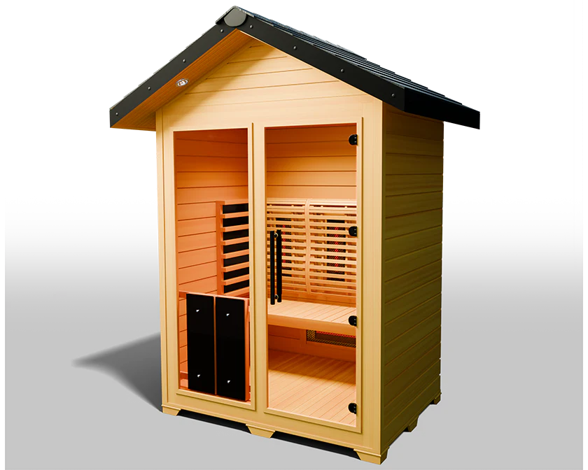 The Medical Saunas - Nature 6 Outdoor Infrared Sauna by Medical Saunas is a small, modern wooden sauna with a black roof, glass front door and window, wooden bench, and interior slats, offering full spectrum infrared benefits.