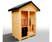 The Medical Saunas - Nature 6 Outdoor Infrared Sauna by Medical Saunas features a modern design with light wood panels, a slanted black roof, glass doors and windows, wooden benches, and a full spectrum infrared heating panel.