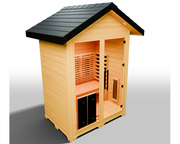 The Medical Saunas - Nature 6 Outdoor Infrared Sauna by Medical Saunas is a compact, lightweight wood cabin for one, featuring a black shingled roof, glass front door, interior bench, and 3D surround heat therapy in a freestanding design.
