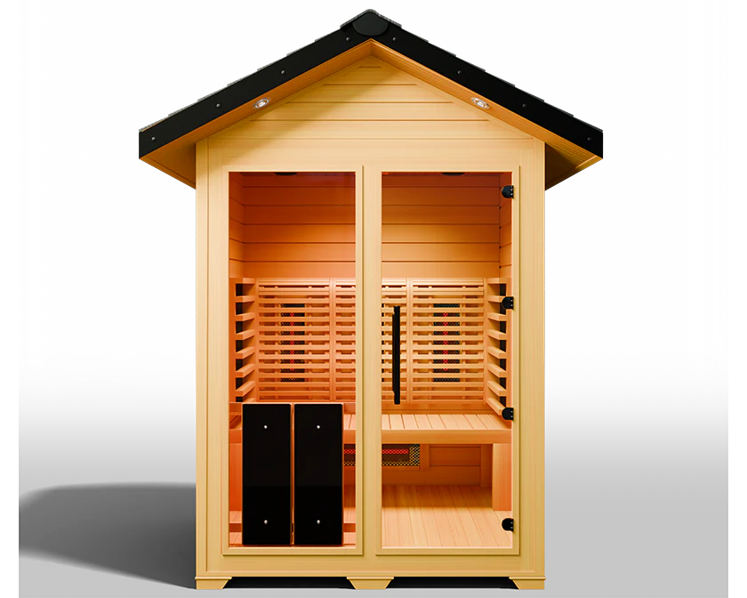 The Medical Saunas - Nature 6 Outdoor Infrared Sauna by Medical Saunas features a sloped black roof, glass doors, interior benches, and 3D surround heat therapy in a modern wooden cabin design against a white background.
