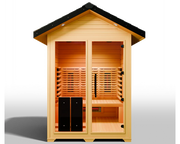 The Medical Saunas - Nature 6 Outdoor Infrared Sauna by Medical Saunas features a sloped black roof, glass doors, interior benches, and 3D surround heat therapy in a modern wooden cabin design against a white background.