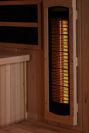 Golden Designs Reserve Edition GDI-8020-02 Full Spectrum Sauna with Himalayan Salt Bar in a wooden room, featuring hardwood walls and shelves.