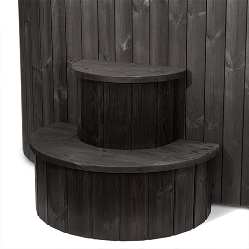 SaunaLife’s two-tiered, semicircular wooden steps with a dark finish pair perfectly with the SaunaLife Model S2BC 2-Person Immersion Tub with Black Chiller & Heater for easy access to your home spa.