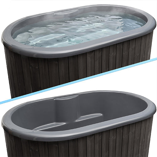 Two images of the SaunaLife Model S2BC – a 2-person immersion tub with black chiller & heater; the top shows clear water, and the bottom highlights its molded interior and wood-style exterior—ideal for hydrotherapy or a home spa.