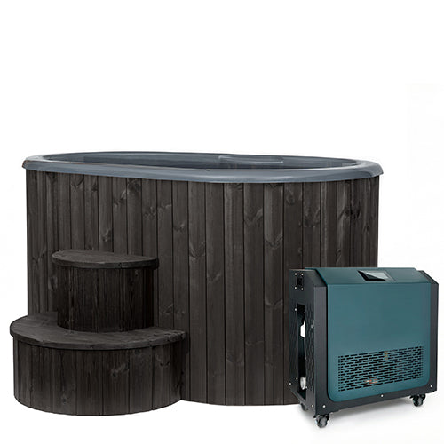 The SaunaLife Model S2BC 2-Person Immersion Tub features dark wood construction, a matching two-step stool, and a teal SaunaLife Black Chiller & Heater unit on wheels. Perfect for hydrotherapy or your home spa, shown on a plain white background.