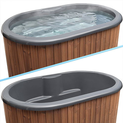 Two views of the SaunaLife Model S2NC—this 2-person immersion tub features a natural wood finish and gray interior. The top image shows it filled with water; the bottom, empty, reveals built-in seating for a relaxing home spa experience.