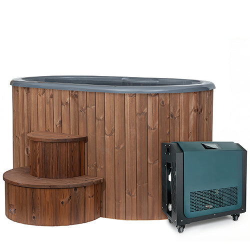The SaunaLife Model S2NC is a 2-person immersion tub with a natural finish, matching wooden steps, and a portable chiller & heater—ideal for home spa or sauna use.