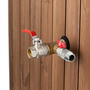 The SaunaLife Model S1NC immersion tub features a brass water spigot with a red lever, mounted on a wooden wall—perfect for filling your 1-person hot or cold tub and upgrading any home spa experience with durable metal fittings and black washer.