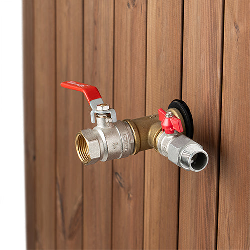The SaunaLife Model S2NC 2-Person Immersion Tub with Natural Finish Chiller & Heater is easy to fill using a brass outdoor faucet with threaded connectors and dual red-handled shut-off valves, ideal for your home spa or cold plunge setup.