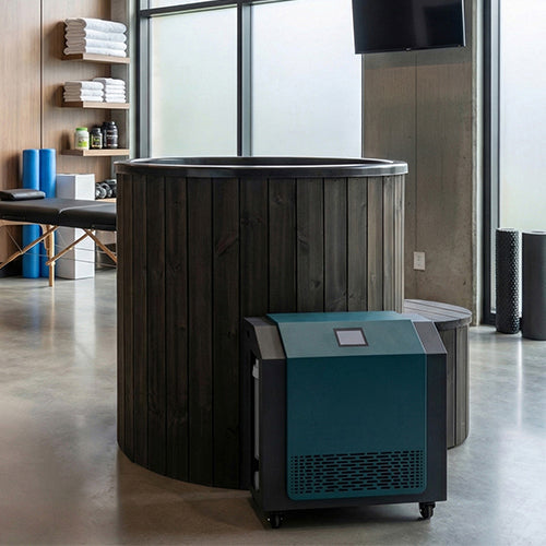 The SaunaLife Model S1BC is a modern indoor home spa featuring a 1-person immersion tub with black chiller and heater, stacked towels, fitness equipment on shelves, and large windows that fill the space with natural light.