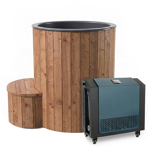 The SaunaLife Model S1NC is a 1-person immersion tub with a natural finish, paired with a rectangular dark chiller & heater on wheels and a round step stool—perfect for home spa hydrotherapy.