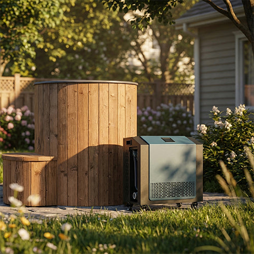 The SaunaLife Model S1NC – 1-Person Immersion Tub with Natural Finish Chiller & Heater is perfect for relaxing hydrotherapy in a bright backyard oasis, combining modern technology and comfort for your home spa.