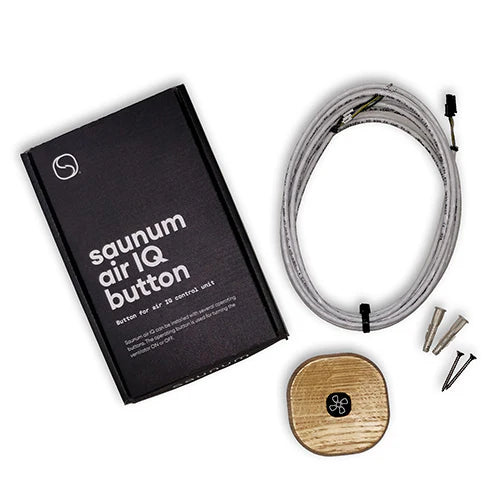 The Saunum AirIQ Button Set by Saunum includes a black box, coiled white cable, wall plugs and screws, and a compact wooden control with a fan icon for easy in-sauna and sauna fan operation.