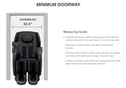 An Osaki 4D YogaFlex Massage Chair by Osaki is placed in a doorway labeled Assembled 30.5”. On the right, text explains how to measure to ensure the chair fits through the minimum doorway size.