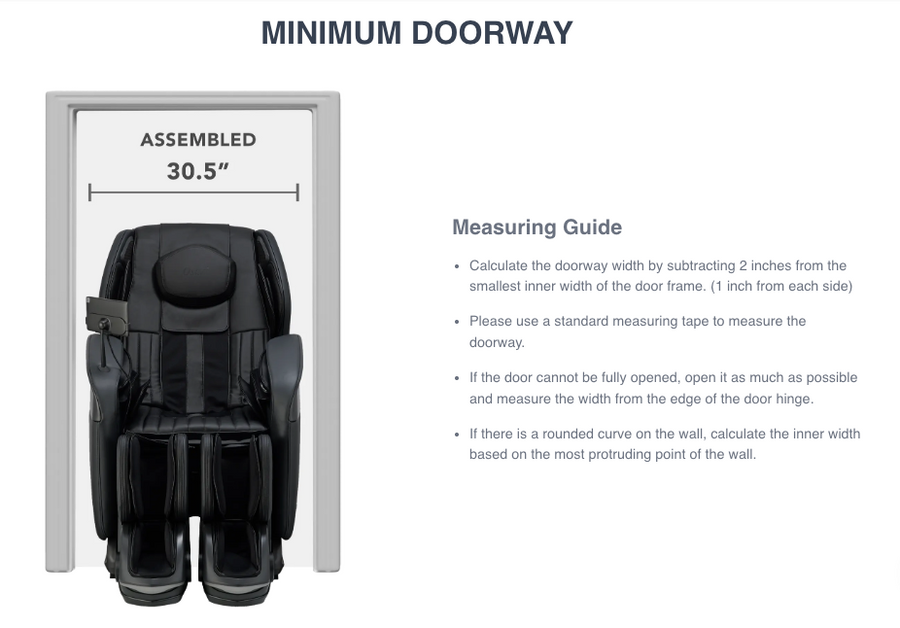 An Osaki 4D YogaFlex Massage Chair by Osaki is placed in a doorway labeled Assembled 30.5”. On the right, text explains how to measure to ensure the chair fits through the minimum doorway size.