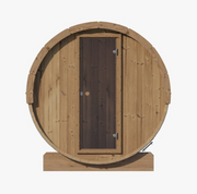 The SaunaLife ERGO Series Model E8 6 Person Barrel Sauna features a round design with a dark wooden door, set on a compact base—providing an ergonomic sauna experience for up to six people.