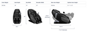 Three views of the Infinity Imperial Syner-D Massage Chair by Infinity—front, side, and fully reclined—are shown. Above each image are details on dimensions, weight limits, and recommended user heights for easy reference.
