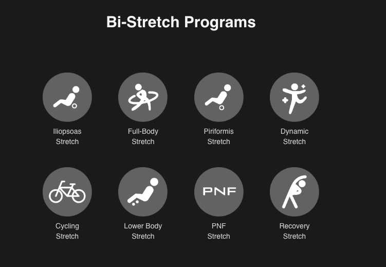 The Osaki 4D+3D Bravo Duo Flex features a dark display with eight stretch program icons: Iliopsoas, Full-Body, Piriformis, Dynamic, Cycling, Lower Body, PNF, and Recovery Stretch—perfect additions to your massage experience.