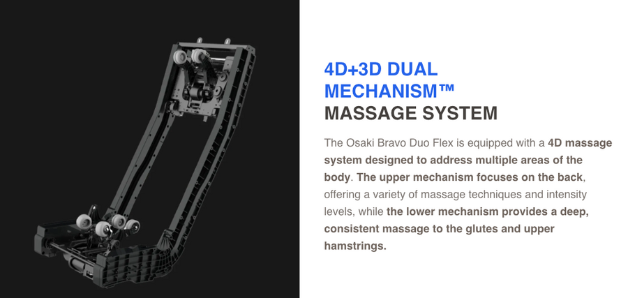 The Osaki 4D+3D Bravo Duo Flex massage device features a black frame with visible rollers and parts, offering full body massage along a flexible SL-track for back, glutes, and hamstrings using its advanced 4D+3D dual mechanism.