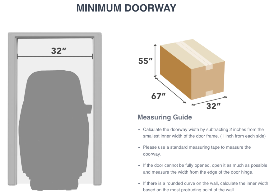 A diagram shows a 32-inch minimum doorway width with a silhouette of the Osaki 4D+3D Bravo Duo Flex massage chair inside. Beside it is a box labeled 67 x 32 x 55. Below, a guide explains how to measure for large items from Osaki.