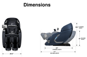 Diagram of Osaki 4D+3D Bravo Duo Flex chair: 21" shoulder width, 19" seat width, 29.5" overall width, 48.5" height (upright), 35" height (reclined), 63" length (upright), and 71" length (reclined).