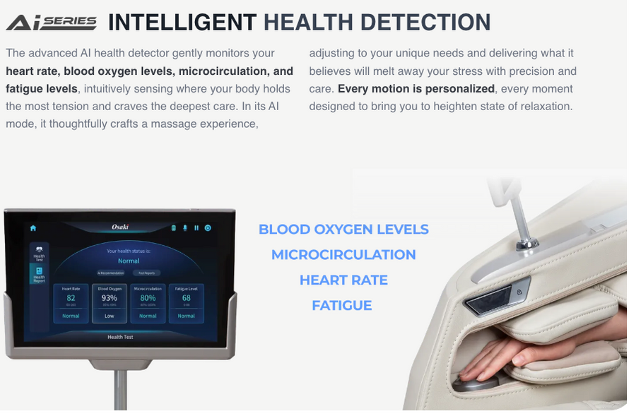 The Osaki Ai series Apex Duo 5D+4D displays heart rate, blood oxygen, microcirculation, and fatigue metrics on screen as your hand rests in a cushioned sensor—perfect for health monitoring during an Osaki AI massage chair session.