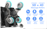 Close-up of Osaki Ai series Apex Duo 5D+4D rollers, labeled 5D+4D Massage Rollers, with icons for ergonomic SL-track, customizable timer and massage modes, full body air massage, and 5 speed/pressure levels.