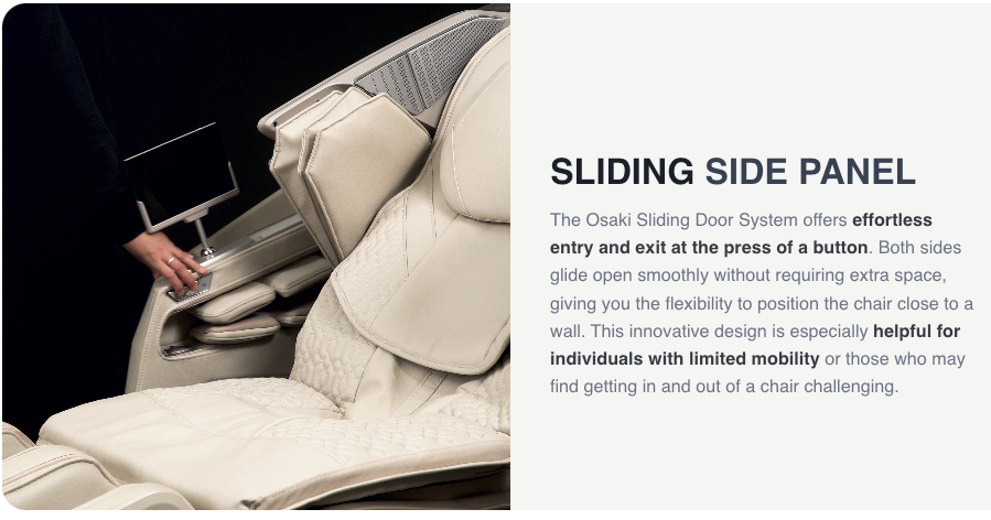 A hand reaches for a touchscreen panel on the armrest of the Osaki Ai series Apex Duo 5D+4D, a modern cream-colored recliner with quilted upholstery, featuring the Osaki Sliding Side Door System and advanced full body air massage.