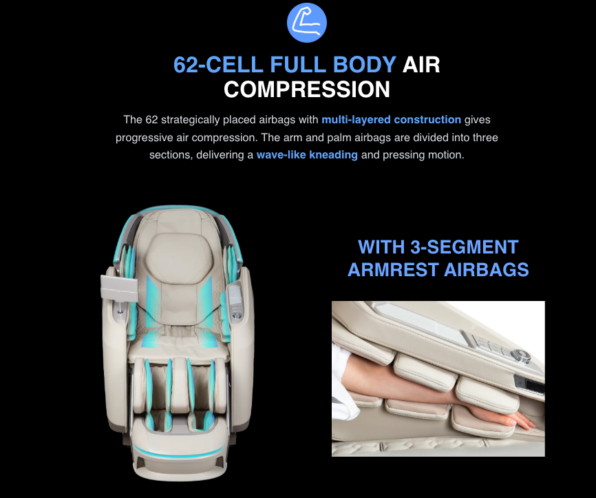 The Osaki Ai series Apex Duo 5D+4D massage chair in beige features blue-highlighted airbag zones and a close-up of a hand on the armrest airbags. Text highlights its 62-cell full body air massage with layered construction and wave-like kneading.