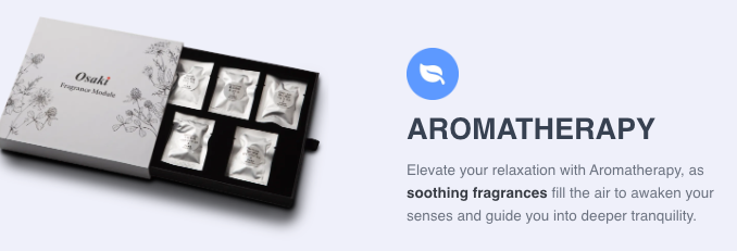 An open Osaki Fragrance Module box reveals six sachets. Next to it, text with a leaf icon says, "Aromatherapy," highlighting how soothing scents and the Osaki Ai series Apex Duo 5D+4D massage chair enhance relaxation and tranquility.