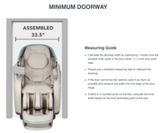 The Osaki Ai series Apex Duo 5D+4D full body air massage chair, 33.5 inches wide when assembled, is shown in a doorway to illustrate the minimum required width. Measurement instructions appear on the right side of the image.