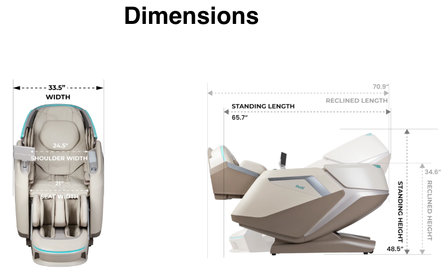 Front and side views of the Osaki Ai series Apex Duo 5D+4D massage chair; dimensions: 33.5" width, 24.5" shoulder width, 21" seat width, 65.7" length (standing), 70.9" (reclined), heights: 48.5" (standing), 34.6" (reclined).