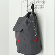 A gray HEALiX Stash backpack by HEALiX Infrared, featuring red DNA helix designs and branding on the side, hangs from a hook rack on a white door—ideal for carrying therapy device accessories.