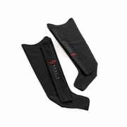 The HEALiX Flow Pro Compression Boot by HEALiX Infrared supports recovery, featuring a sleek black design with a red logo, shown against a white background.